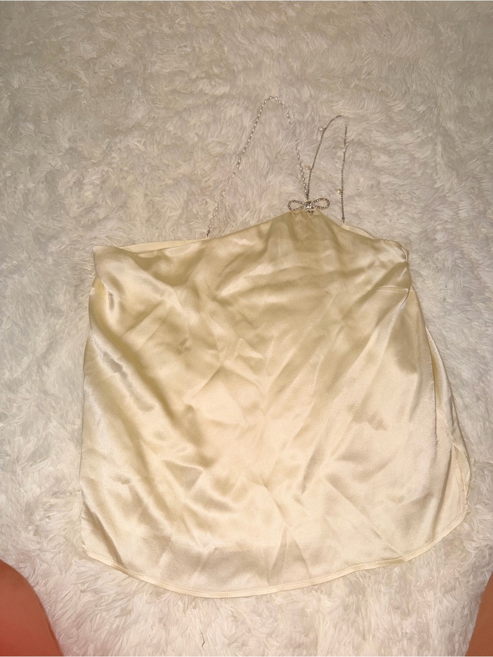 Cami NYC Cream Satin Strapless Top with Pearl Chain Accent and diamond bow